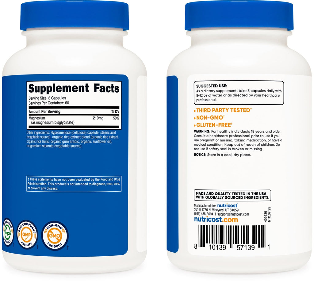 Nutricost Magnesium Glycinate Capsules (180 Capsules, 210 mg Per Serving) - Magnesium Glycinate Supplement for Gentle Absorption - FENGGESTORE20