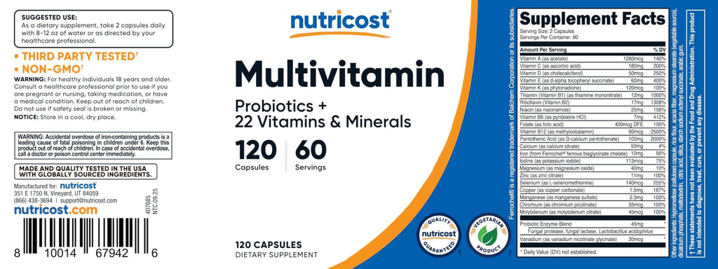 Nutricost Multivitamin with Probiotics 120 Vegetarian Capsules - Packed with Vitamins & Minerals - FENGGESTORE20