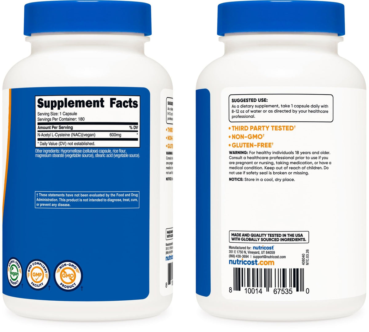 Nutricost N-Acetyl L-Cysteine (NAC) 600mg, 180 Capsules - Non-GMO, Gluten Free - FENGGESTORE20