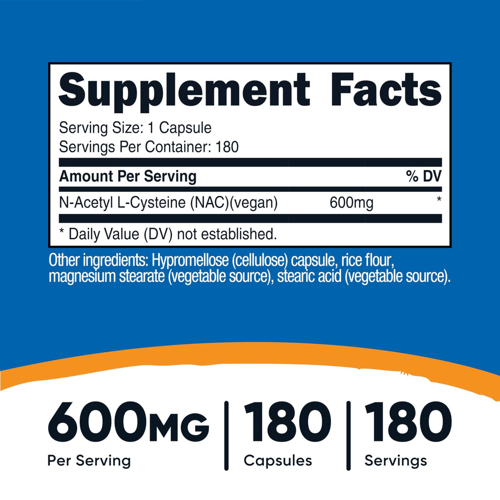 Nutricost N-Acetyl L-Cysteine (NAC) 600mg, 180 Capsules - Non-GMO, Gluten Free - FENGGESTORE20