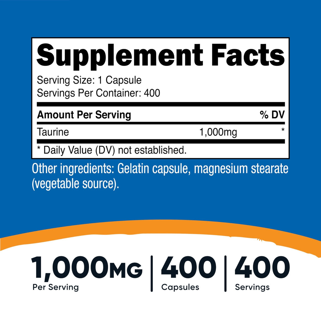 Nutricost Taurine 1000mg, 400 Capsules - FENGGESTORE20