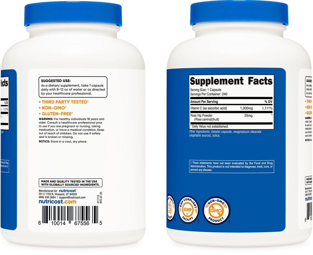 Nutricost Vitamin C with Rose Hips 1025mg, 240 Capsules - Vitamin C 1,000mg, Rose Hips 25mg, Premium - FENGGESTORE20