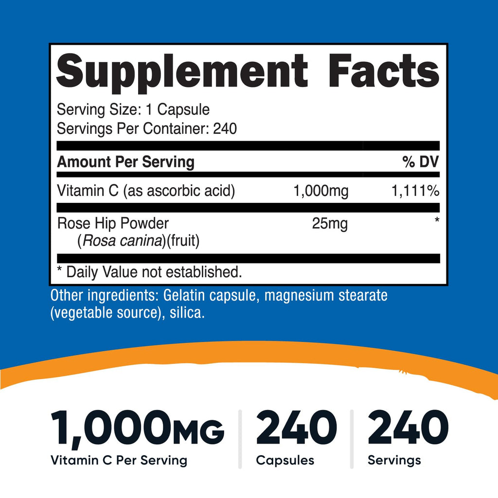 Nutricost Vitamin C with Rose Hips 1025mg, 240 Capsules - Vitamin C 1,000mg, Rose Hips 25mg, Premium - FENGGESTORE20