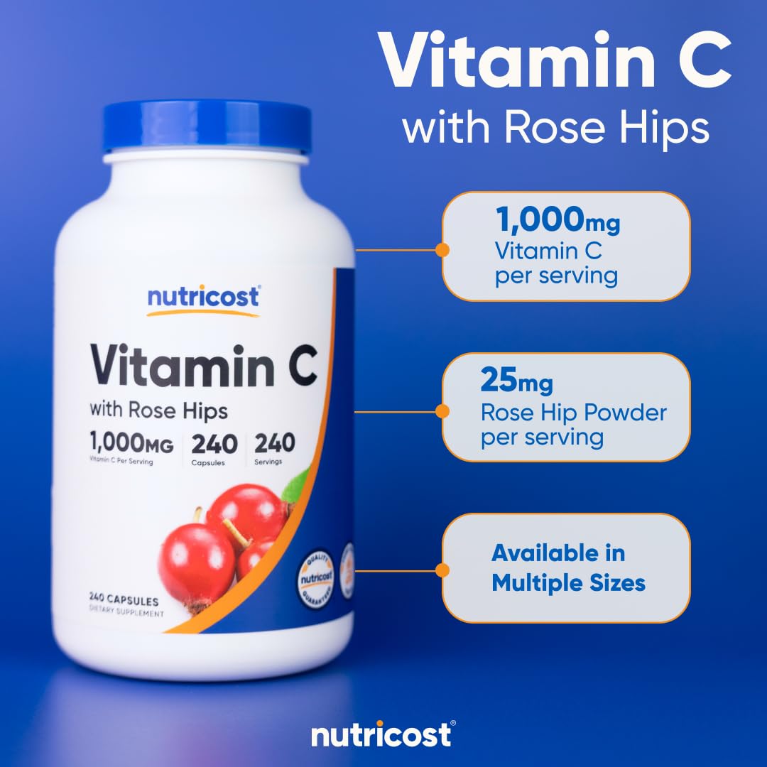 Nutricost Vitamin C with Rose Hips 1025mg, 240 Capsules - Vitamin C 1,000mg, Rose Hips 25mg, Premium - FENGGESTORE20
