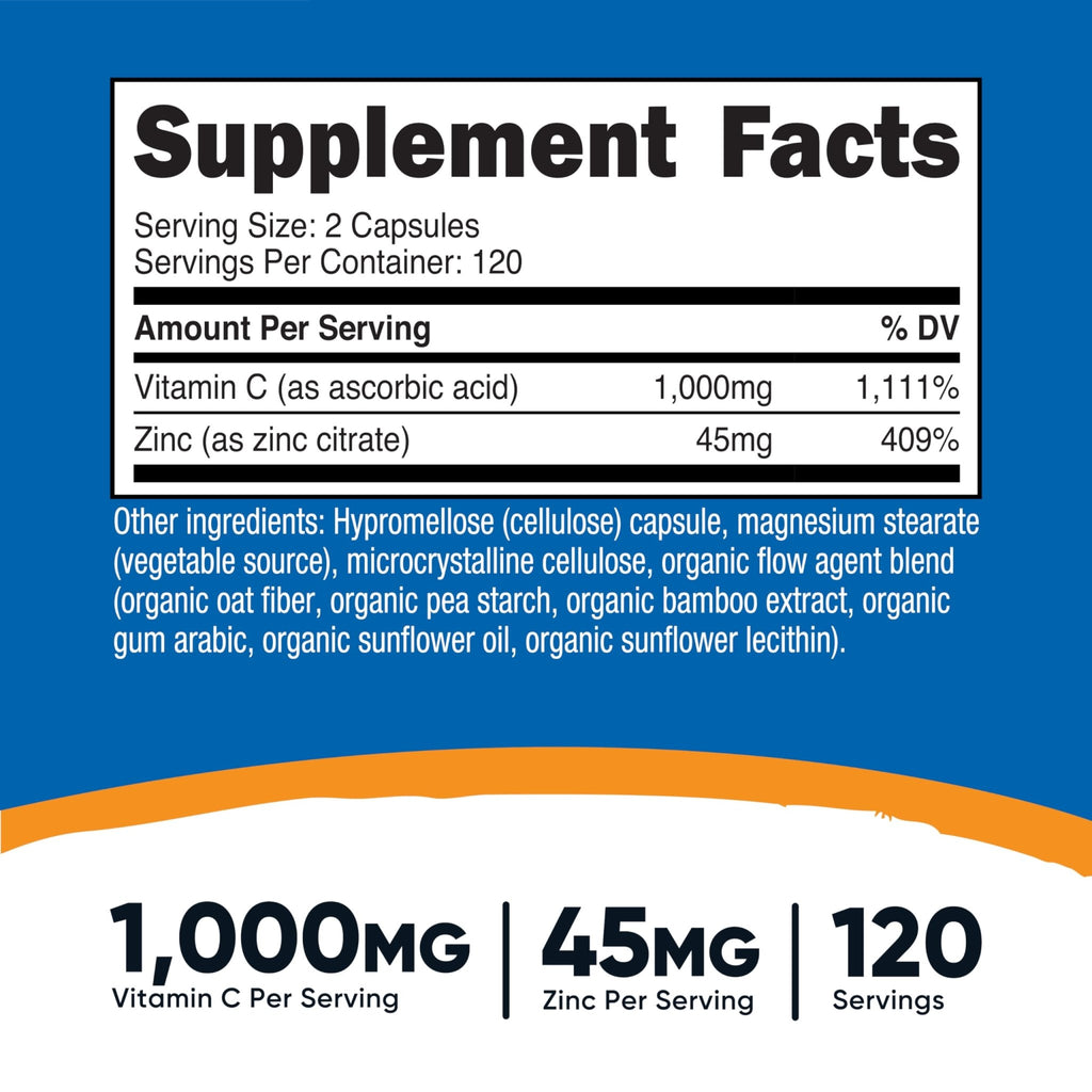 Nutricost Vitamin C with Zinc Capsules, 120 Servings - 1000mg, 45mg Zinc, Non-GMO, Gluten Free Vitamin C Supplement - FENGGESTORE20