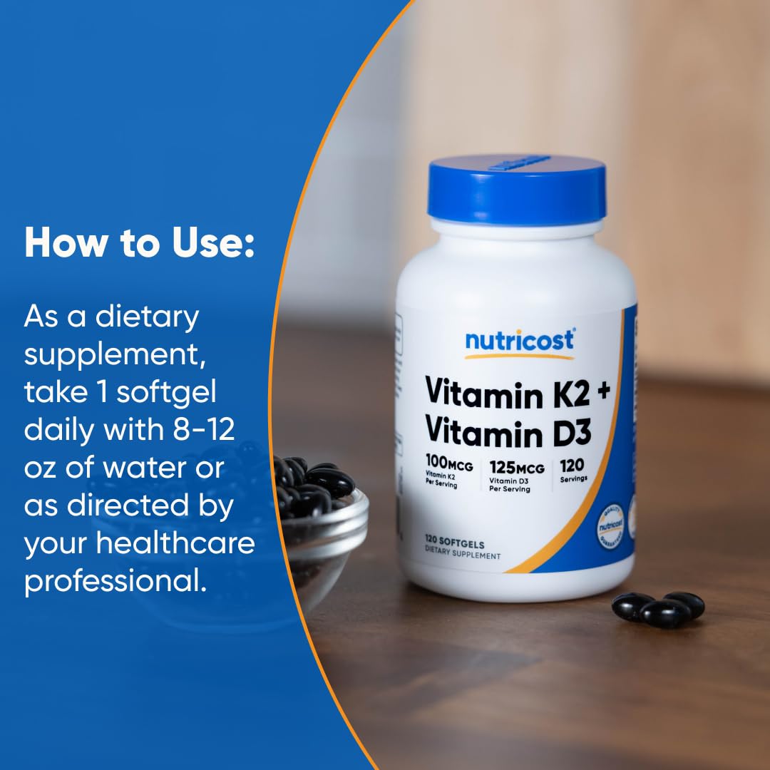 Nutricost Vitamin D3 + K2 (5000 IU D3 / 100mcg MK7), 120 Softgels – Gluten-Free & Non-GMO - FENGGESTORE20