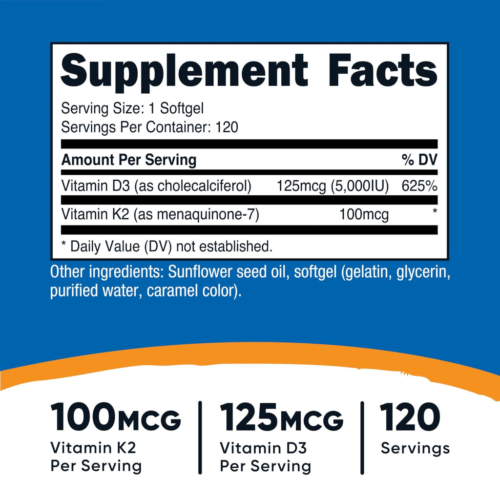 Nutricost Vitamin D3 + K2 (5000 IU D3 / 100mcg MK7), 120 Softgels – Gluten-Free & Non-GMO - FENGGESTORE20