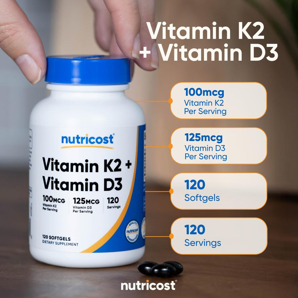 Nutricost Vitamin D3 + K2 (5000 IU D3 / 100mcg MK7), 120 Softgels – Gluten-Free & Non-GMO - FENGGESTORE20