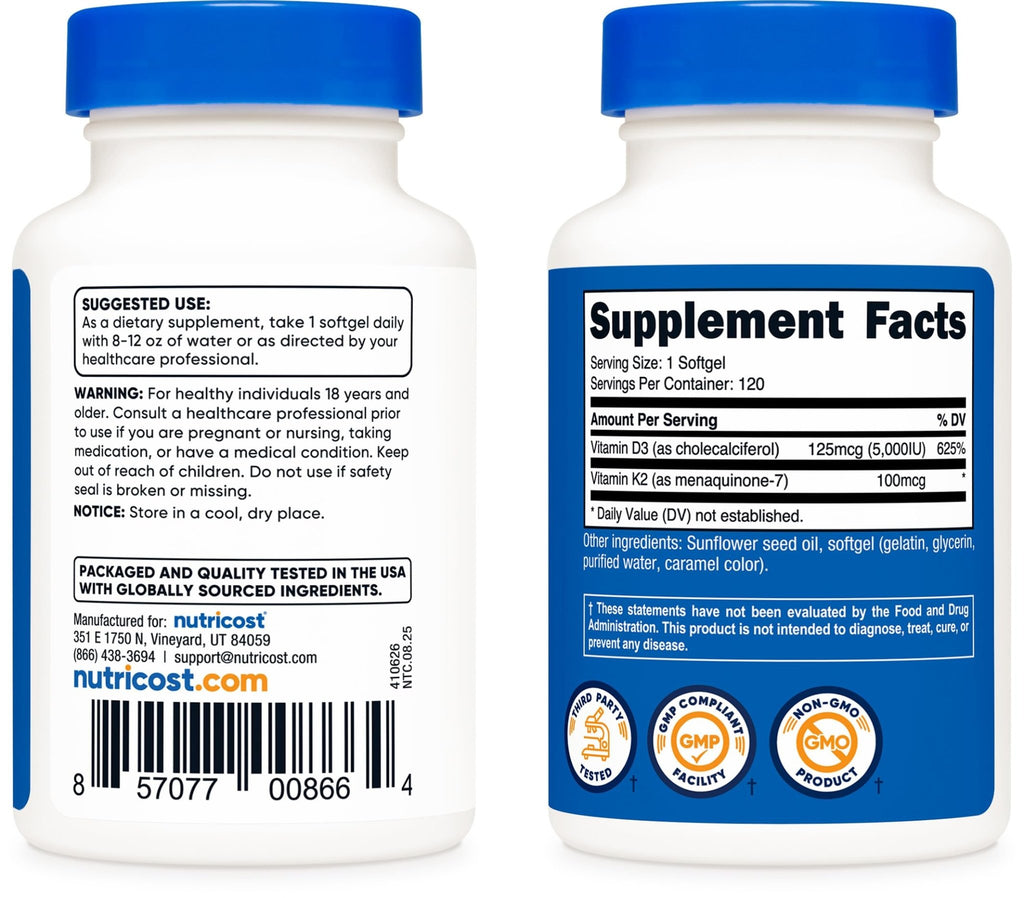 Nutricost Vitamin D3 + K2 (5000 IU D3 / 100mcg MK7), 120 Softgels – Gluten-Free & Non-GMO - FENGGESTORE20