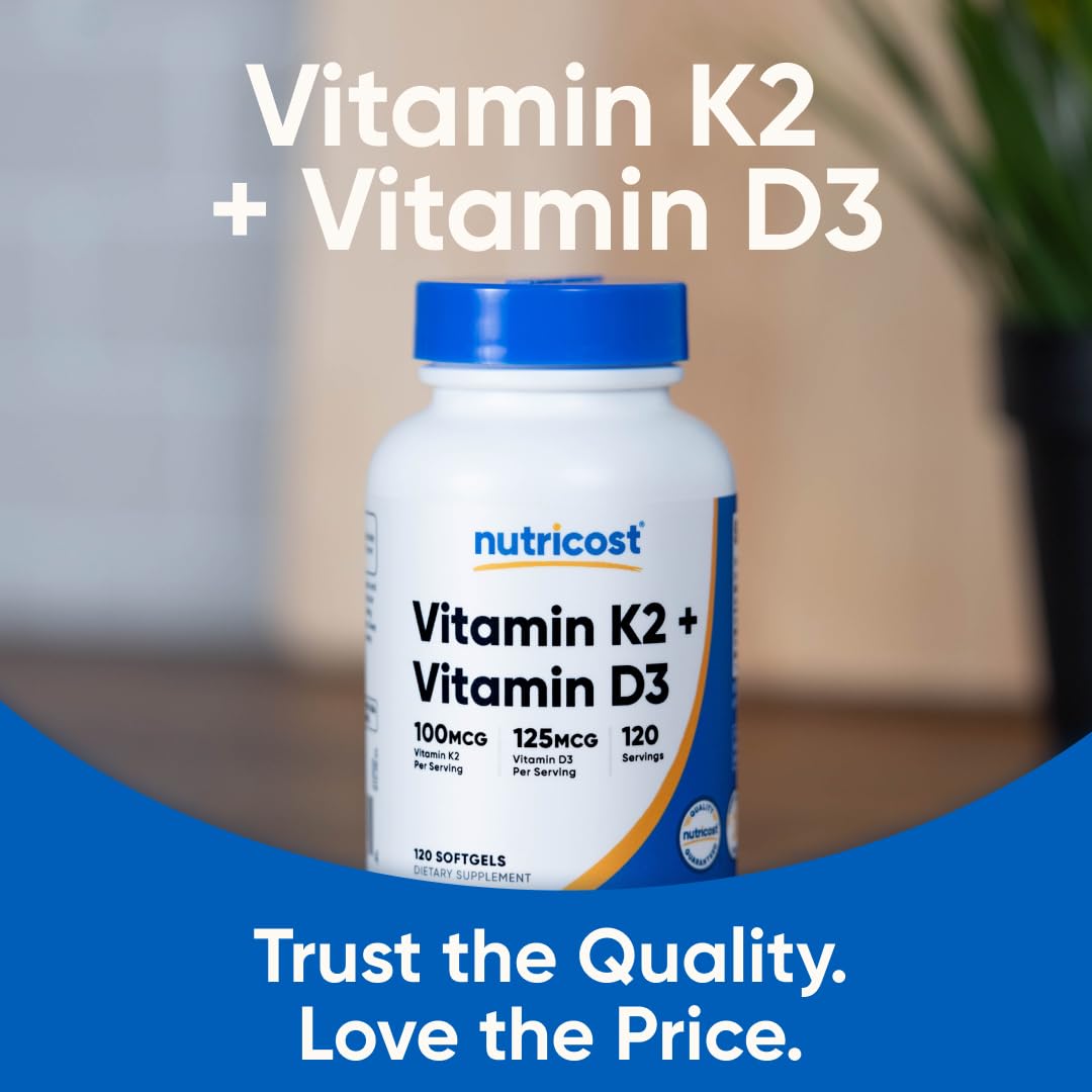 Nutricost Vitamin D3 + K2 (5000 IU D3 / 100mcg MK7), 120 Softgels – Gluten-Free & Non-GMO - FENGGESTORE20