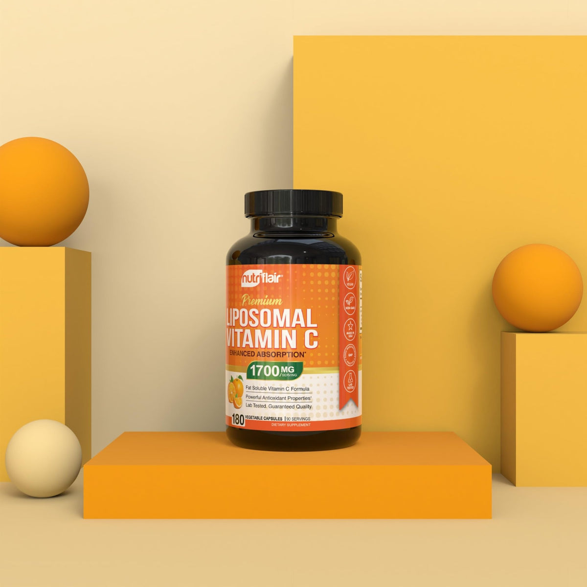 NutriFlair Liposomal Vitamin C 1700mg, 180 Capsules - High Absorption, Fat Soluble VIT C, Higher Bioavailability Immune System Support - FENGGESTORE20