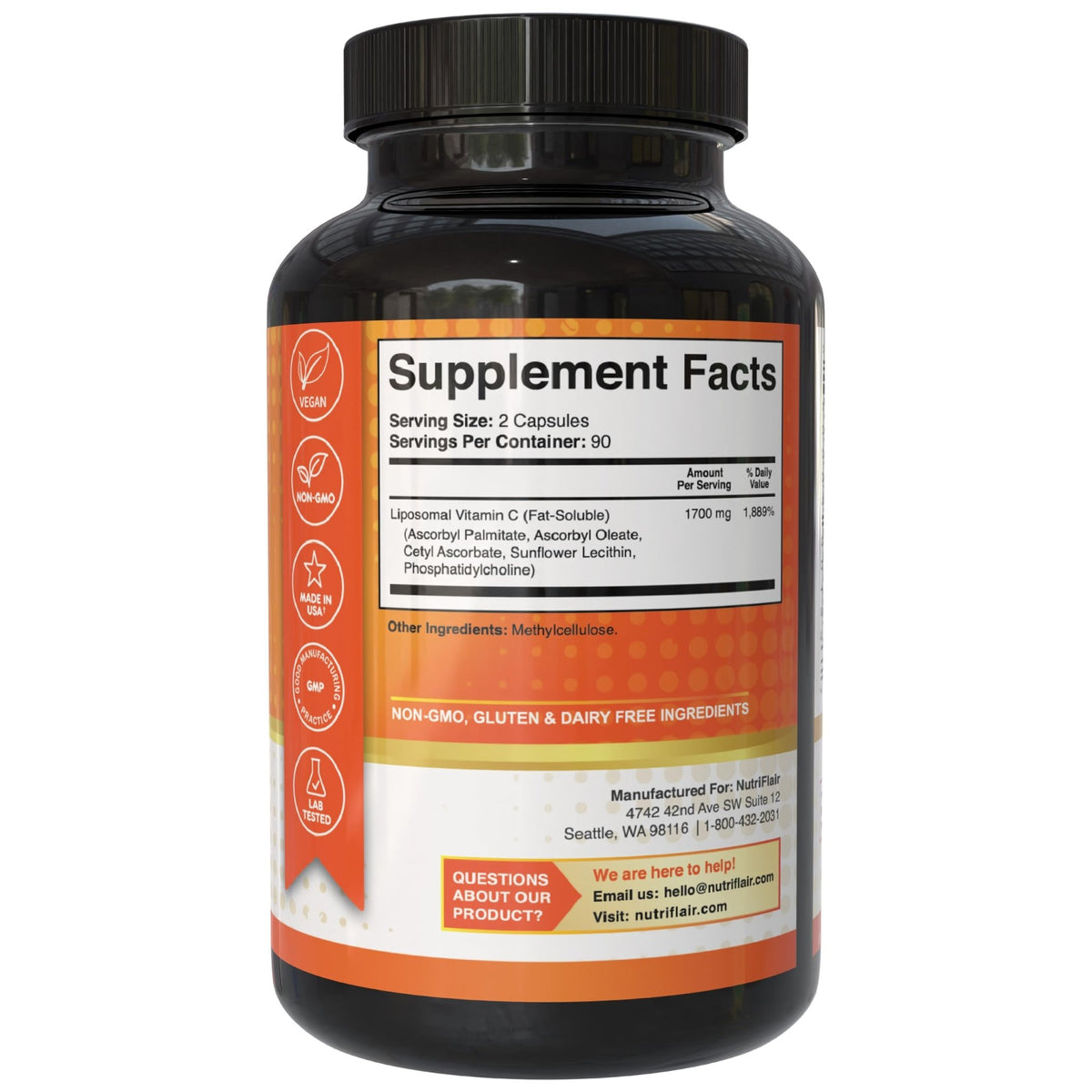NutriFlair Liposomal Vitamin C 1700mg, 180 Capsules - High Absorption, Fat Soluble VIT C, Higher Bioavailability Immune System Support - FENGGESTORE20