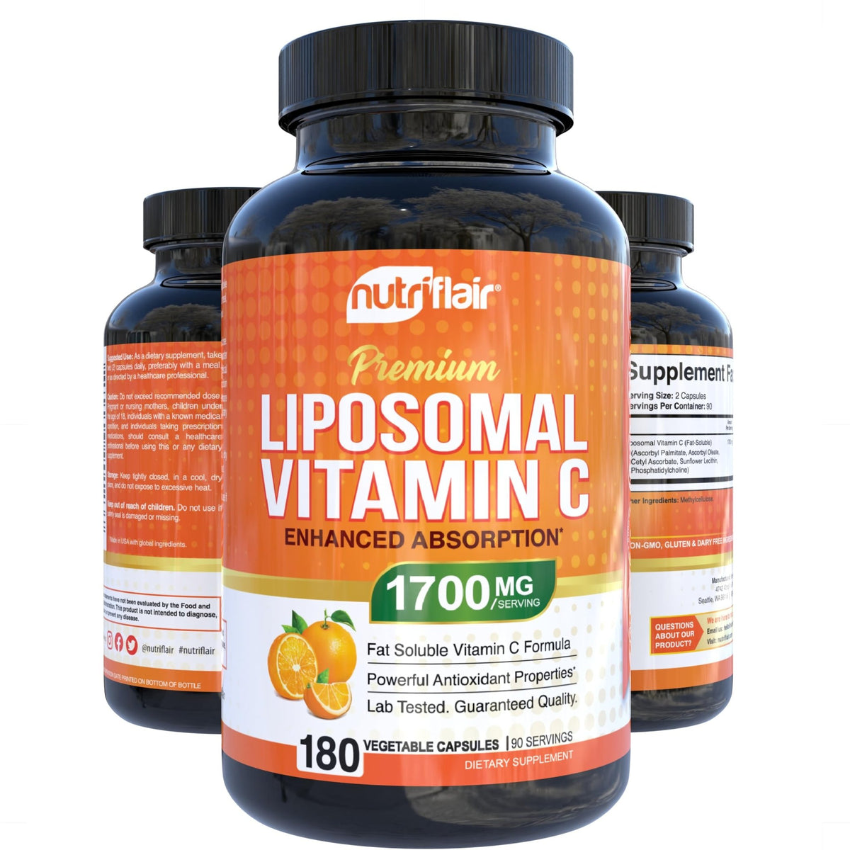 NutriFlair Liposomal Vitamin C 1700mg, 180 Capsules - High Absorption, Fat Soluble VIT C, Higher Bioavailability Immune System Support - FENGGESTORE20