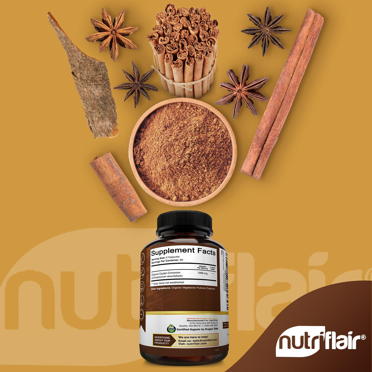 NutriFlair Organic Ceylon Cinnamon Supplement 1200mg, 120 Capsules - USDA Certified - Non-GMO, Gluten Free Powder, Antioxidant Pills - FENGGESTORE20