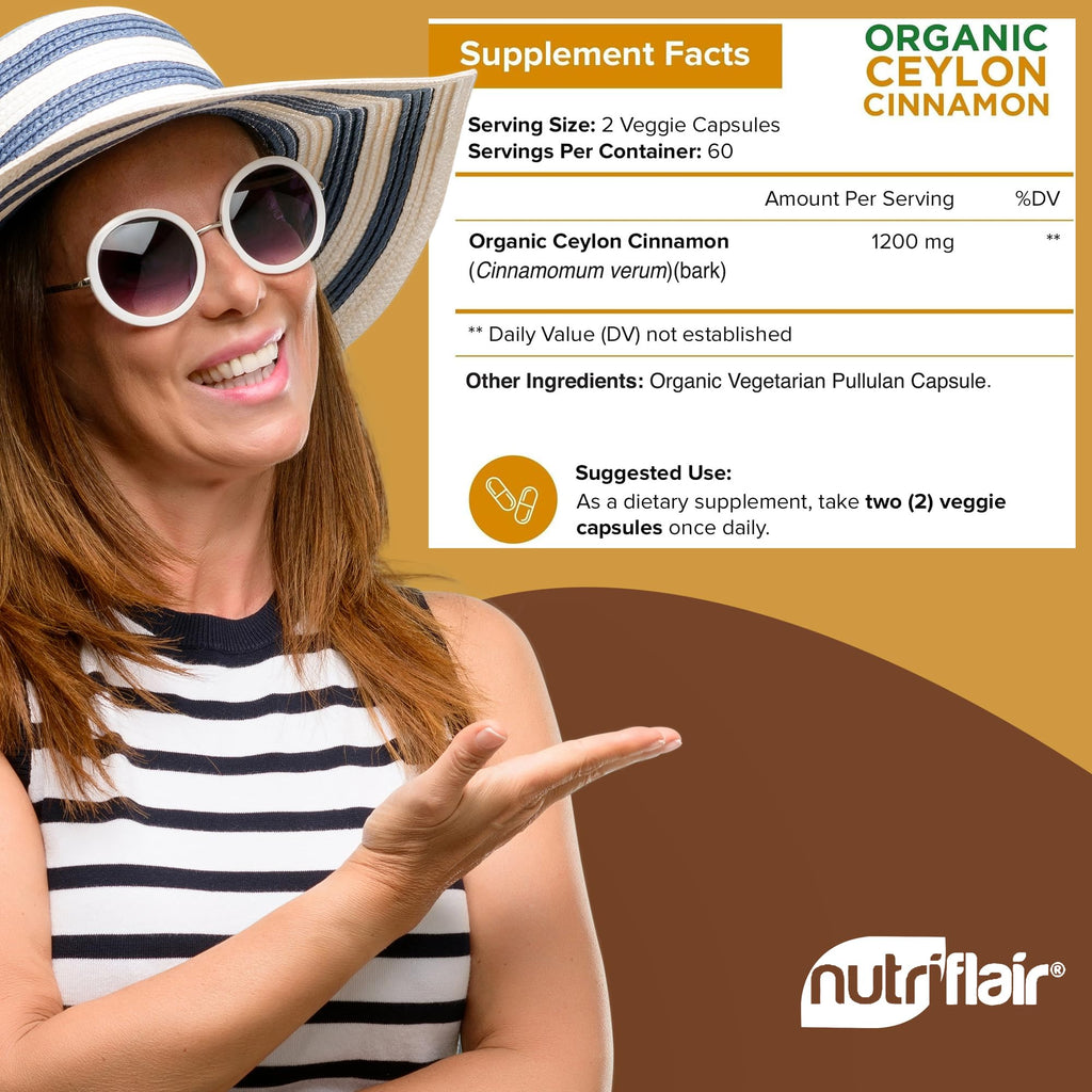 NutriFlair Organic Ceylon Cinnamon Supplement 1200mg, 120 Capsules - USDA Certified - Non-GMO, Gluten Free Powder, Antioxidant Pills - FENGGESTORE20
