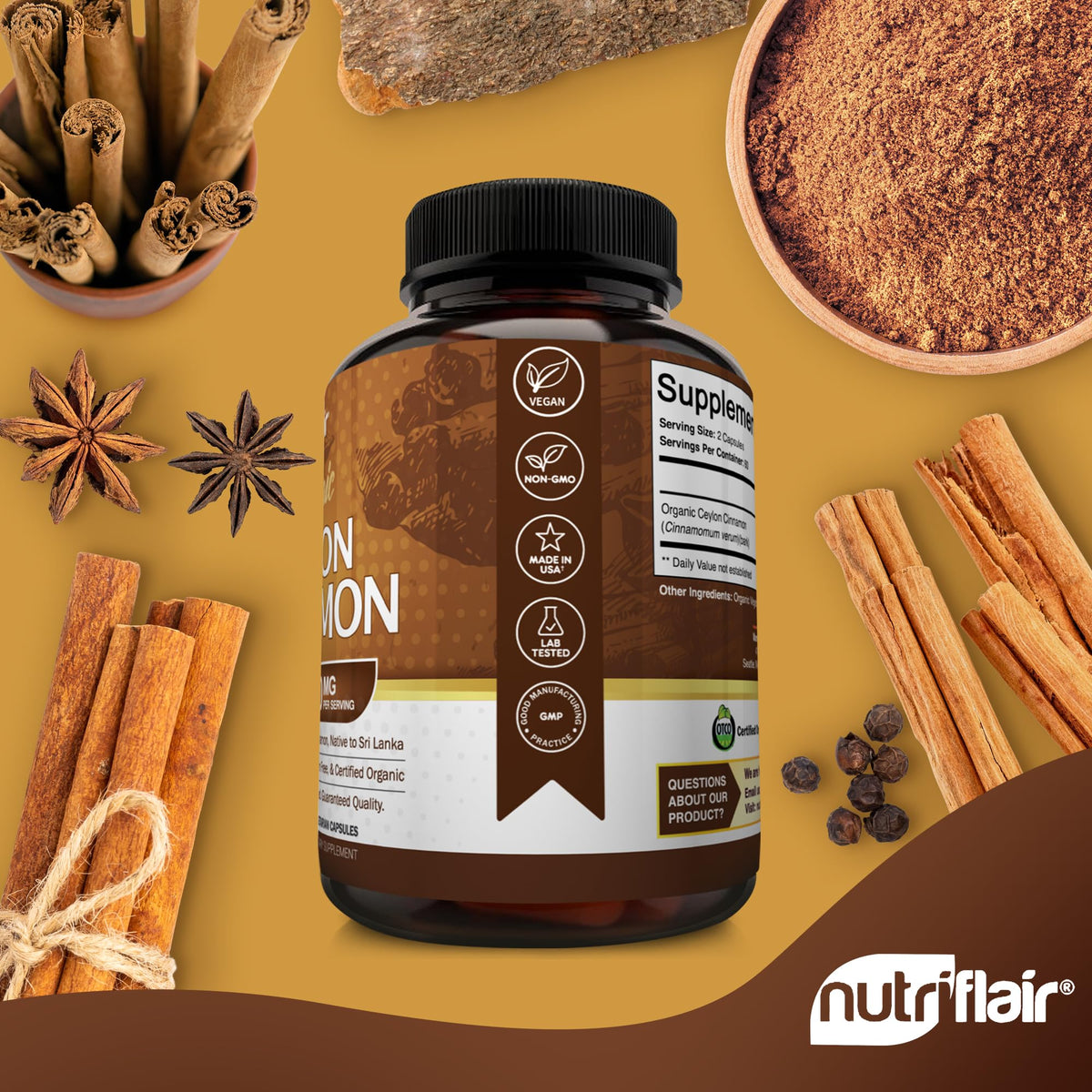 NutriFlair Organic Ceylon Cinnamon Supplement 1200mg, 120 Capsules - USDA Certified - Non-GMO, Gluten Free Powder, Antioxidant Pills - FENGGESTORE20