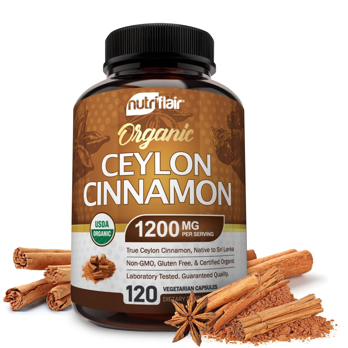NutriFlair Organic Ceylon Cinnamon Supplement 1200mg, 120 Capsules - USDA Certified - Non-GMO, Gluten Free Powder, Antioxidant Pills - FENGGESTORE20