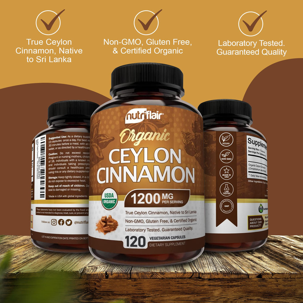 NutriFlair Organic Ceylon Cinnamon Supplement 1200mg, 120 Capsules - USDA Certified - Non-GMO, Gluten Free Powder, Antioxidant Pills - FENGGESTORE20