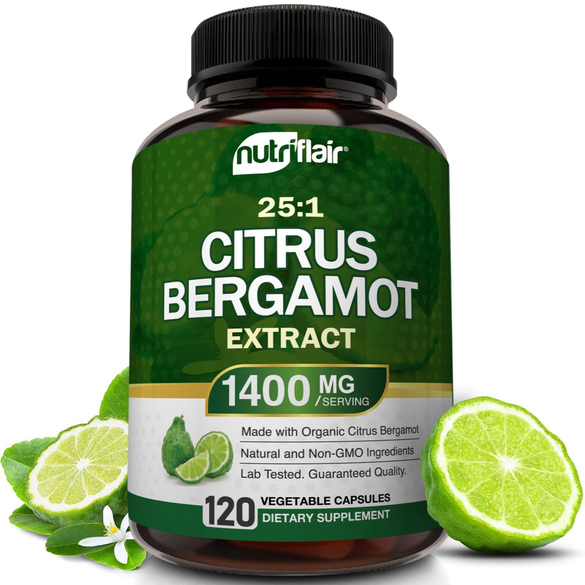 NutriFlair Organic Citrus Bergamot 1400mg, 120 Capsules - 25:1 Bergamia - Essential Oil and Citrus Bioflavonoids - Natural Heart Health Supplements - FENGGESTORE20