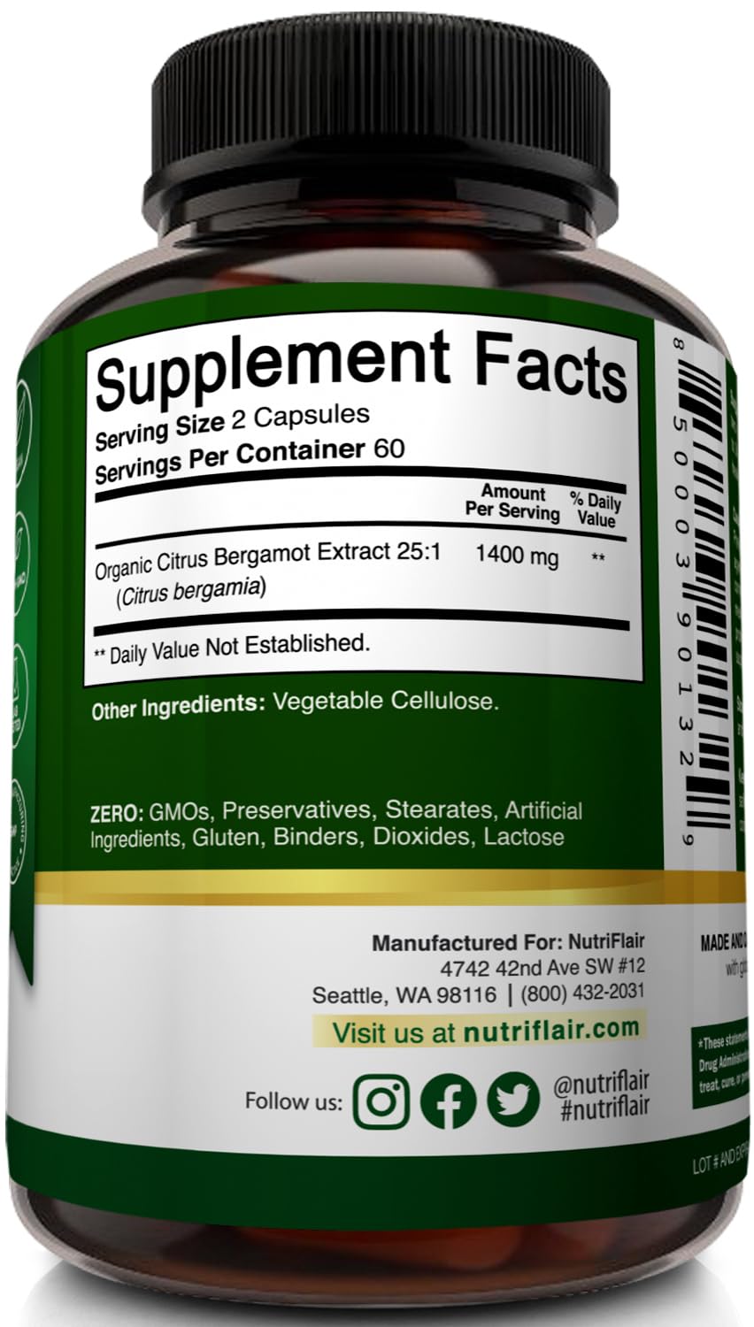 NutriFlair Organic Citrus Bergamot 1400mg, 120 Capsules - 25:1 Bergamia - Essential Oil and Citrus Bioflavonoids - Natural Heart Health Supplements - FENGGESTORE20