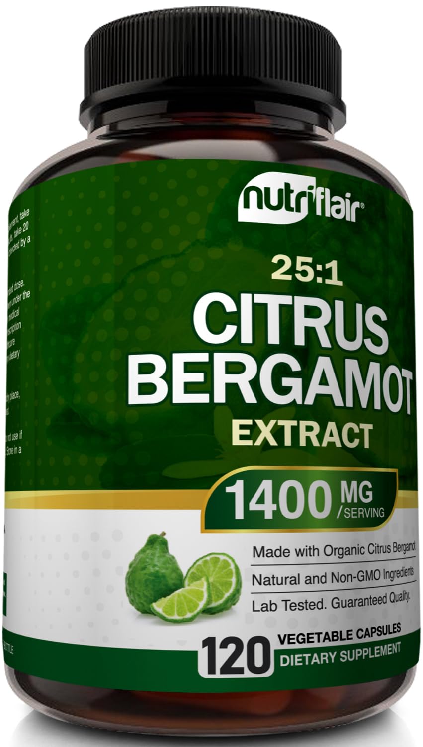 NutriFlair Organic Citrus Bergamot 1400mg, 120 Capsules - 25:1 Bergamia - Essential Oil and Citrus Bioflavonoids - Natural Heart Health Supplements - FENGGESTORE20