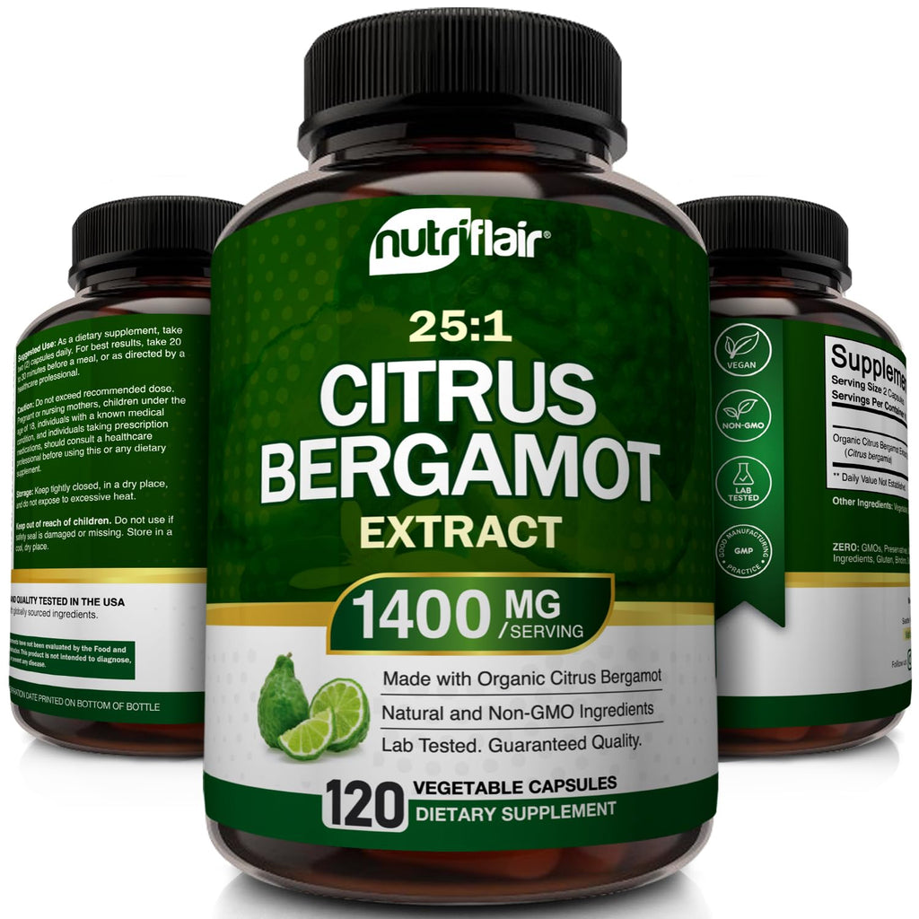 NutriFlair Organic Citrus Bergamot 1400mg, 120 Capsules - 25:1 Bergamia - Essential Oil and Citrus Bioflavonoids - Natural Heart Health Supplements - FENGGESTORE20