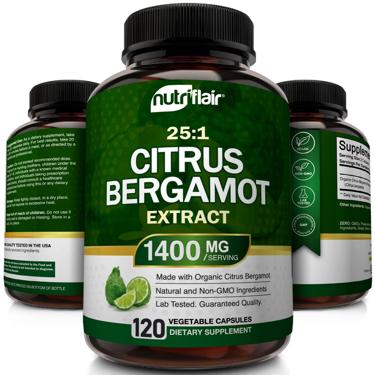 NutriFlair Organic Citrus Bergamot 1400mg, 120 Capsules - 25:1 Bergamia - Essential Oil and Citrus Bioflavonoids - Natural Heart Health Supplements - FENGGESTORE20