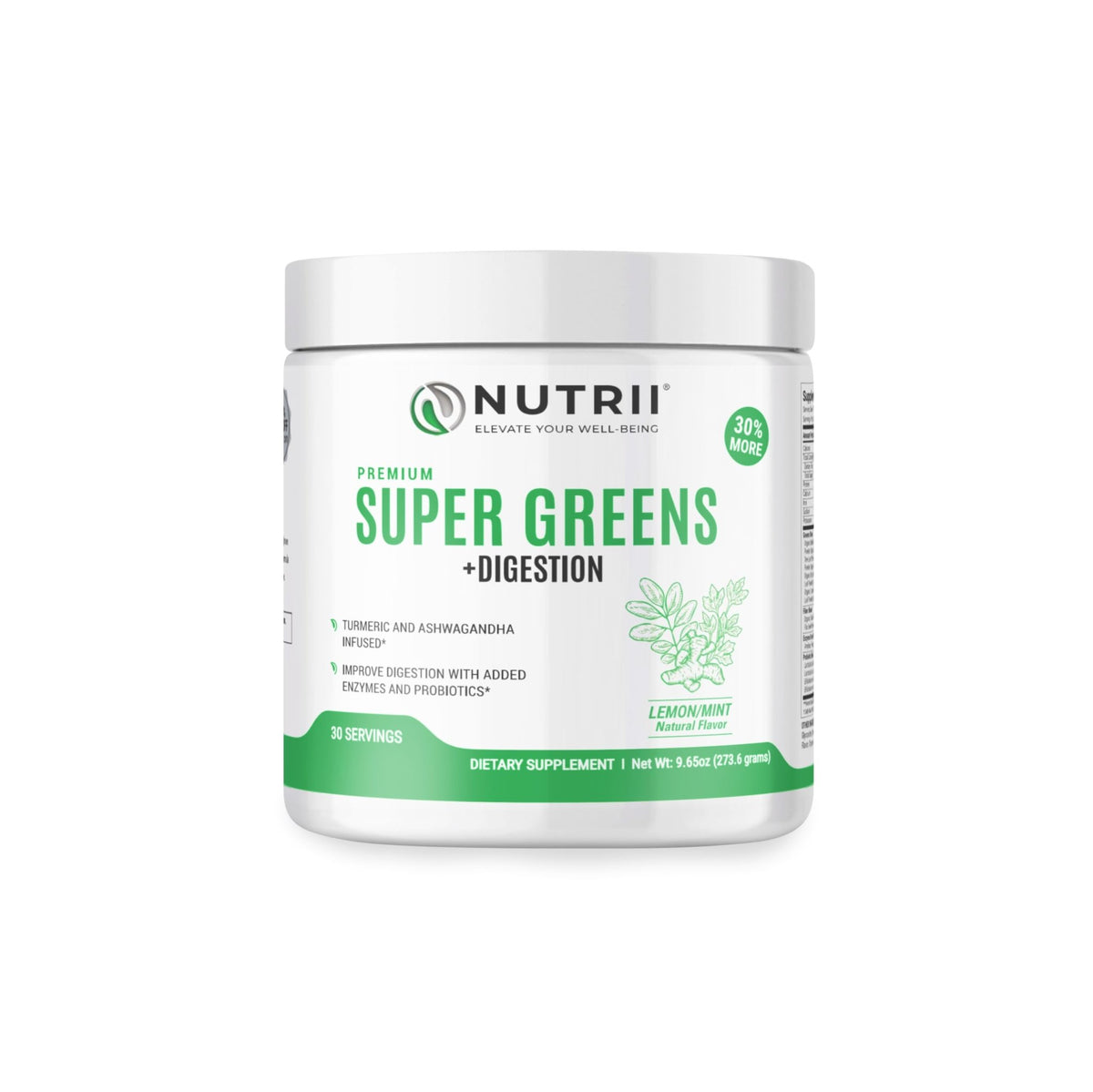 Nutrii Organic Green Immunity Superfood Powder - Soothes Digestion, Boosts Healthy Vitality and Energy. Fast Acting Formula with Probiotics, Enzymes, Turmeric and Ashwagandha (30 Servings Lemon-Mint) - FENGGESTORE20
