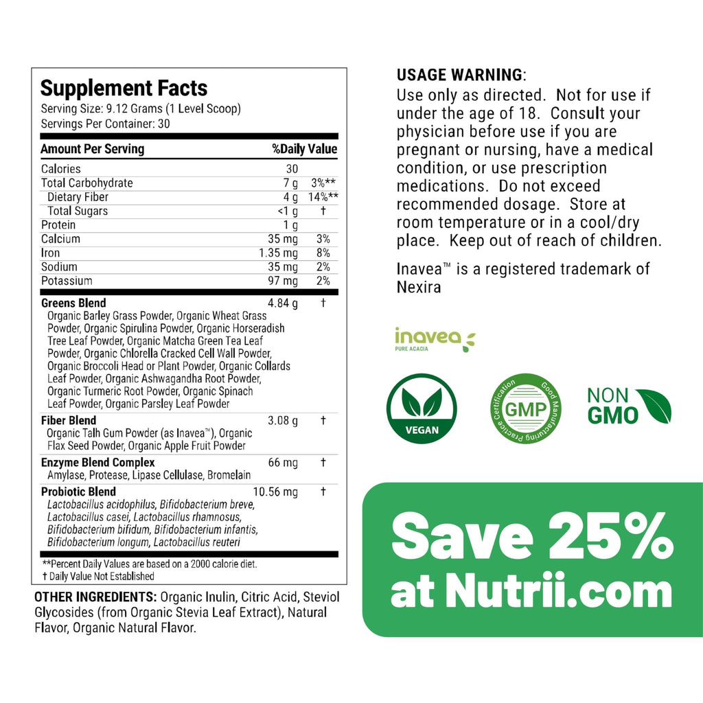 Nutrii Organic Green Immunity Superfood Powder - Soothes Digestion, Boosts Healthy Vitality and Energy. Fast Acting Formula with Probiotics, Enzymes, Turmeric and Ashwagandha (30 Servings Lemon-Mint) - FENGGESTORE20