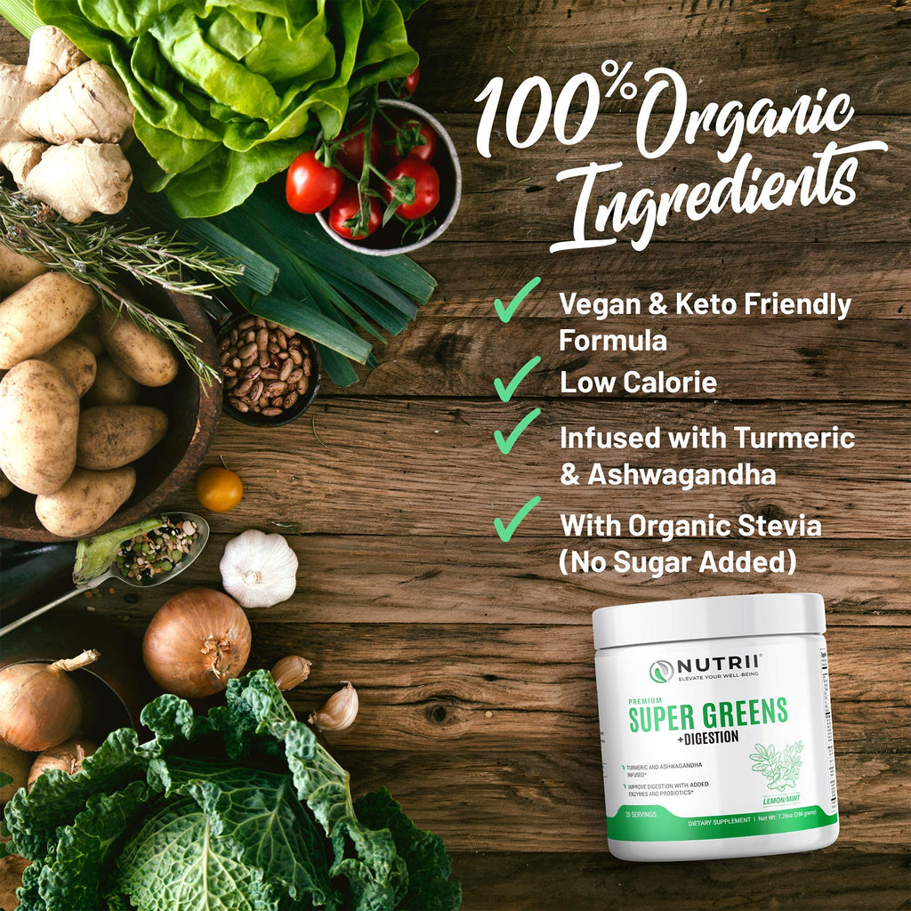 Nutrii Organic Green Immunity Superfood Powder - Soothes Digestion, Boosts Healthy Vitality and Energy. Fast Acting Formula with Probiotics, Enzymes, Turmeric and Ashwagandha (30 Servings Lemon-Mint) - FENGGESTORE20