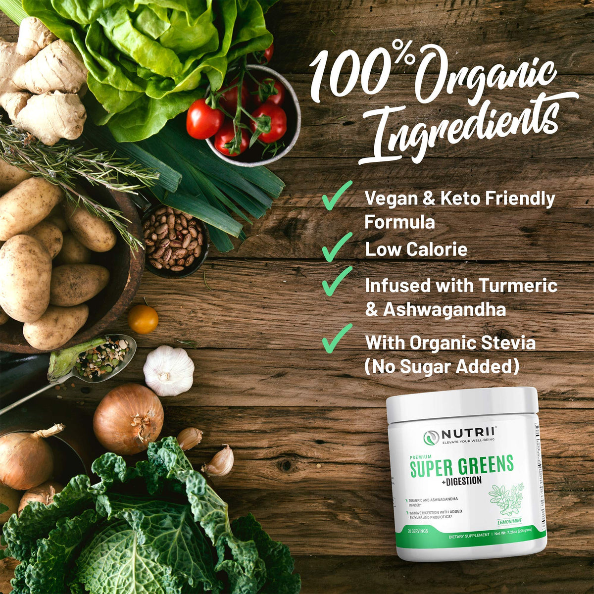 Nutrii Organic Green Immunity Superfood Powder - Soothes Digestion, Boosts Healthy Vitality and Energy. Fast Acting Formula with Probiotics, Enzymes, Turmeric and Ashwagandha (30 Servings Lemon-Mint) - FENGGESTORE20