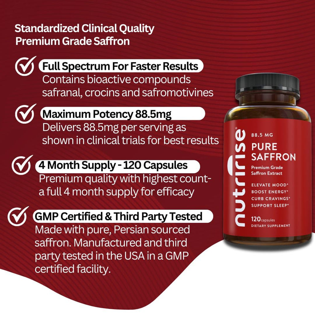 NutriRise Saffron Supplements 120 Capsules, 88.5mg Pure Extract - 4 Month Supply for Mood, Energy, Sleep, Stress & Cortisol Support - Non-GMO - FENGGESTORE20