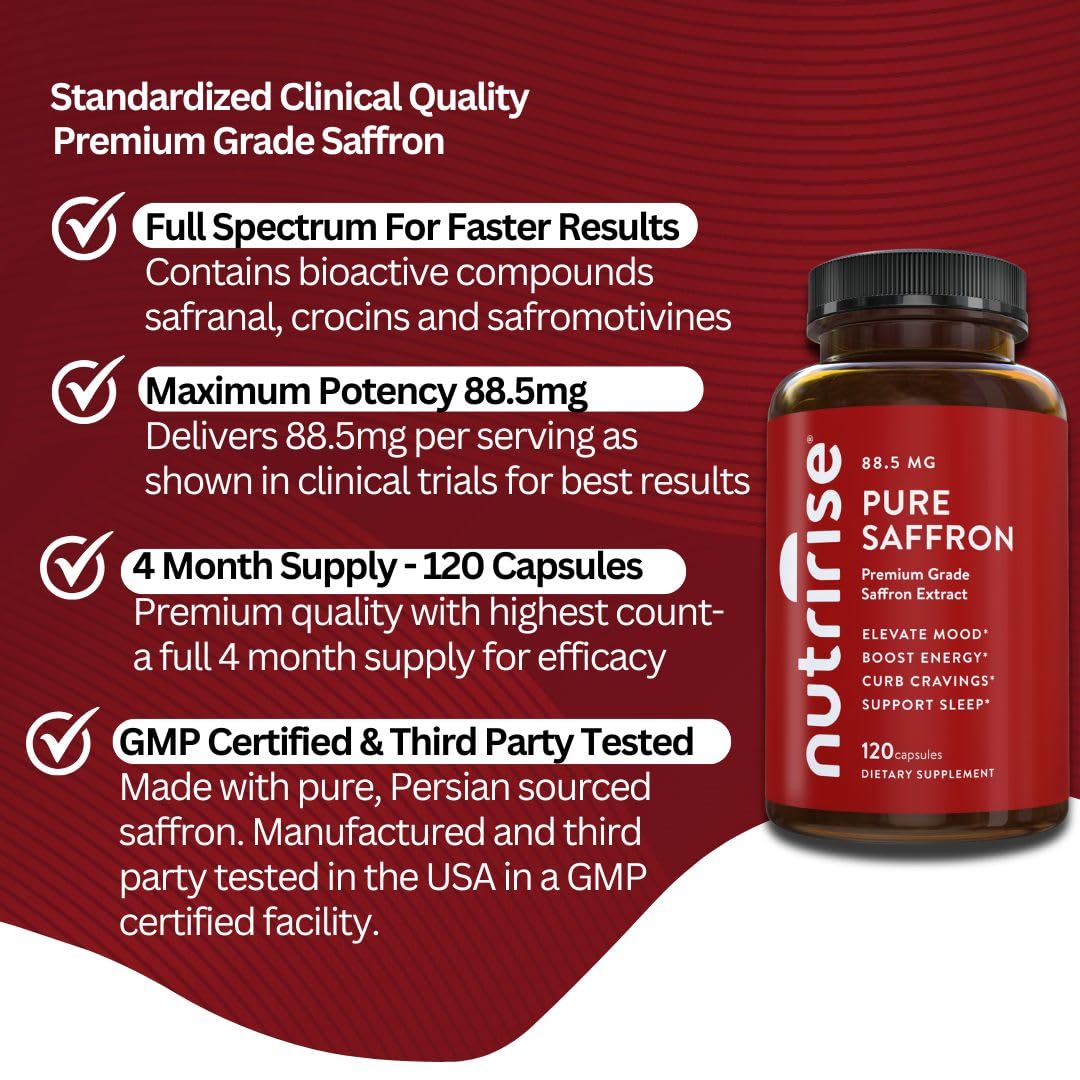 NutriRise Saffron Supplements 120 Capsules, 88.5mg Pure Extract - 4 Month Supply for Mood, Energy, Sleep, Stress & Cortisol Support - Non-GMO - FENGGESTORE20