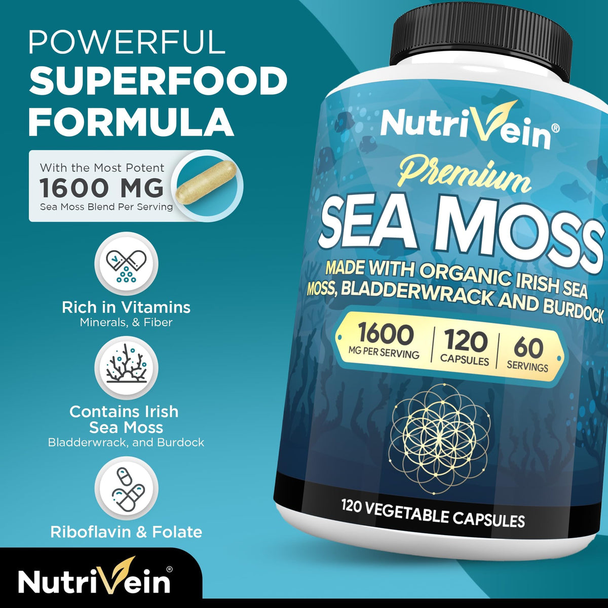 Nutrivein Organic Sea Moss 1600mg Plus Bladderwrack & Burdock - 120 Caps for Adults - Prebiotic Super-Food - Immune System & Digestive Health - FENGGESTORE20