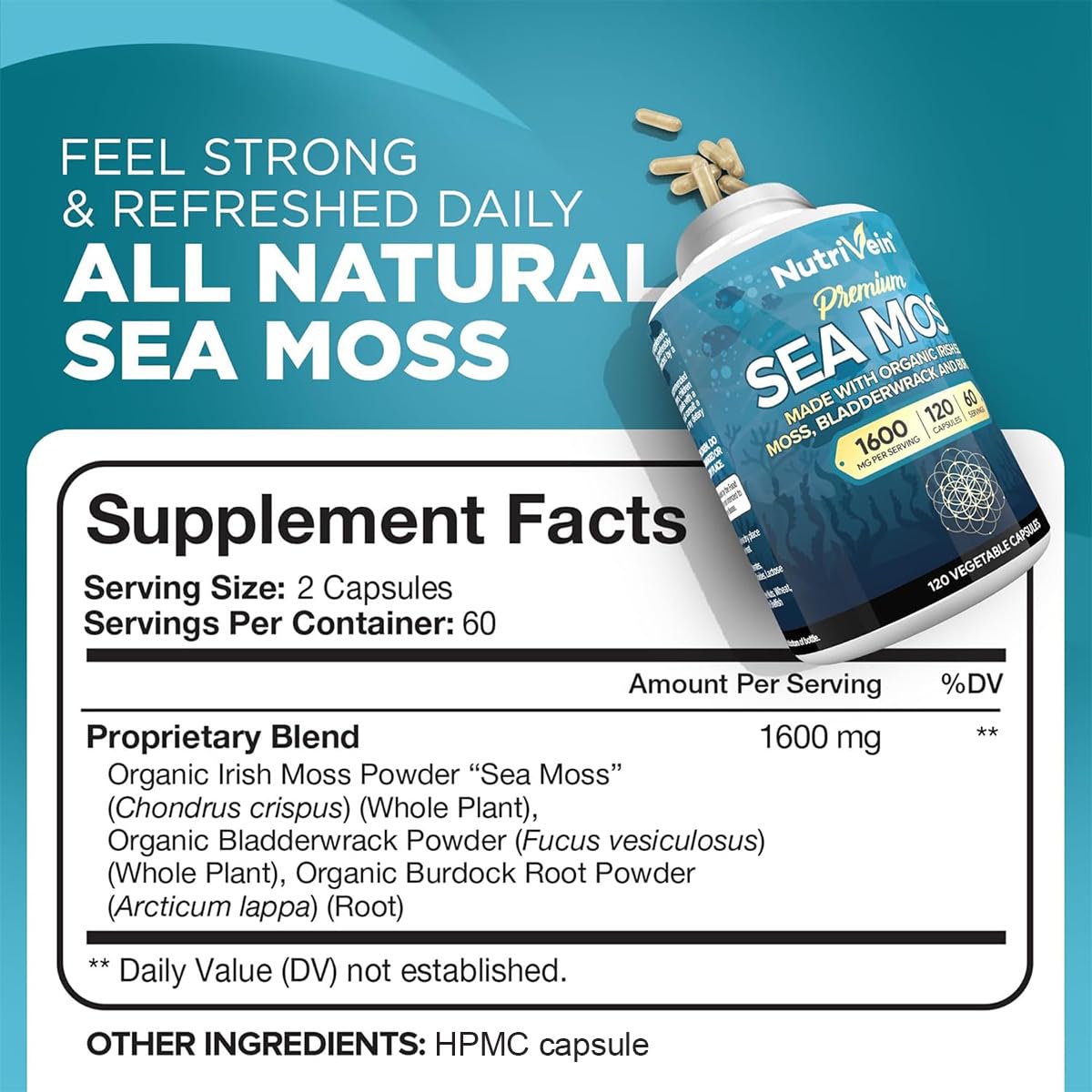 Nutrivein Organic Sea Moss 1600mg Plus Bladderwrack & Burdock - 120 Caps for Adults - Prebiotic Super-Food - Immune System & Digestive Health - FENGGESTORE20