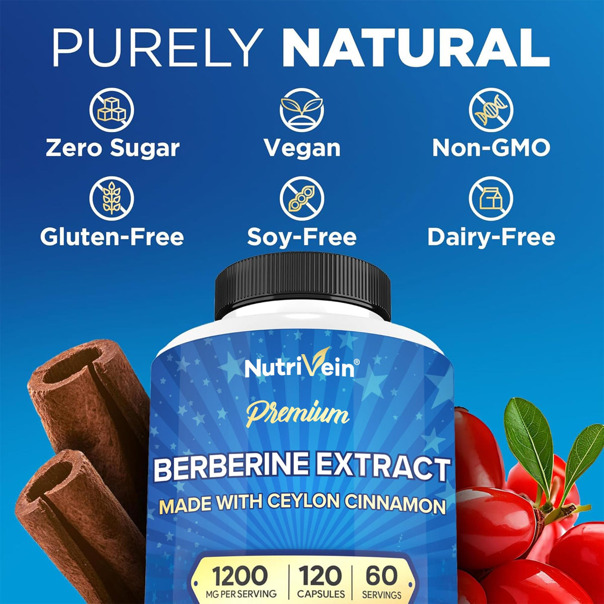 Nutrivein Premium Berberine 1200 mg with Ceylon Cinnamon - 120 Capsules: High-Absorption Berberine Supplement - FENGGESTORE20