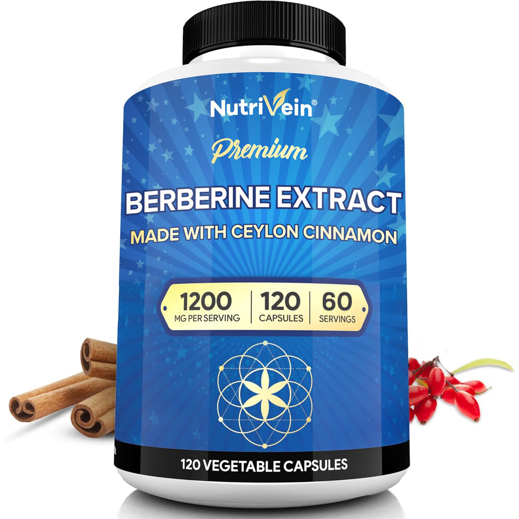 Nutrivein Premium Berberine 1200 mg with Ceylon Cinnamon - 120 Capsules: High-Absorption Berberine Supplement - FENGGESTORE20
