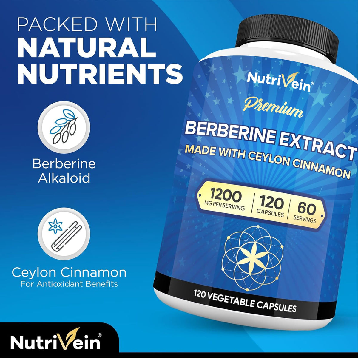 Nutrivein Premium Berberine 1200 mg with Ceylon Cinnamon - 120 Capsules: High-Absorption Berberine Supplement - FENGGESTORE20