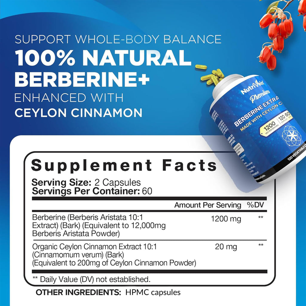 Nutrivein Premium Berberine 1200 mg with Ceylon Cinnamon - 120 Capsules: High-Absorption Berberine Supplement - FENGGESTORE20