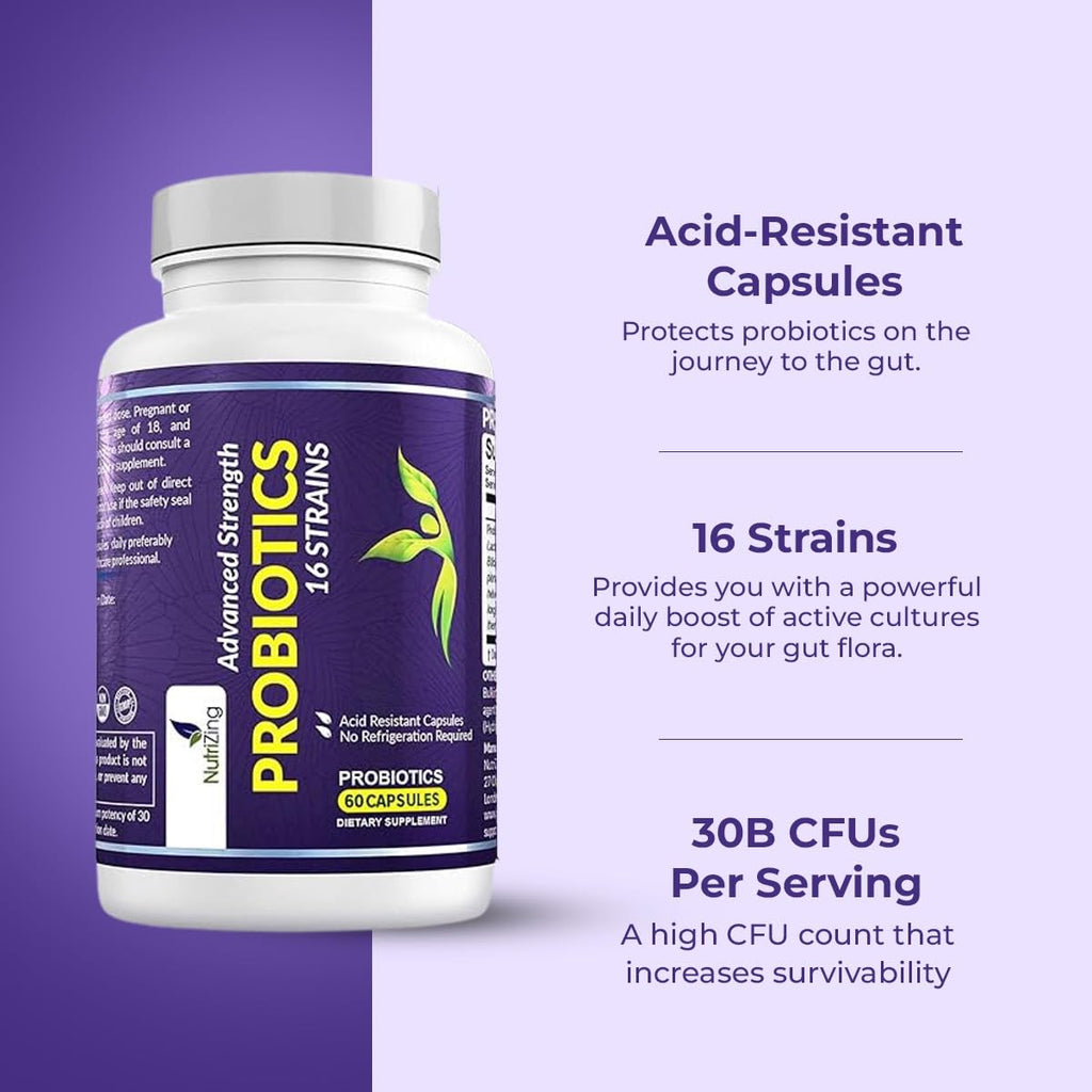 NutriZing Vegan Probiotics for Digestive Health - 30 Billion CFU & 16 strains - Bifidobacterium & Lactobacillus Probiotics for Men & Women - FENGGESTORE20