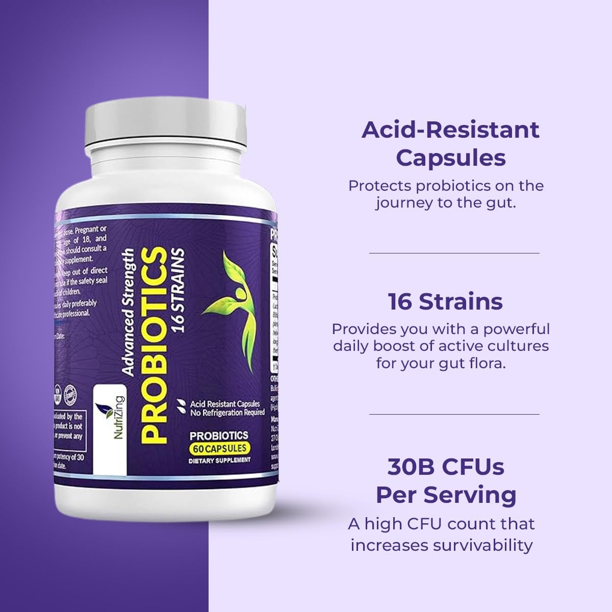 NutriZing Vegan Probiotics for Digestive Health - 30 Billion CFU & 16 strains - Bifidobacterium & Lactobacillus Probiotics for Men & Women - FENGGESTORE20
