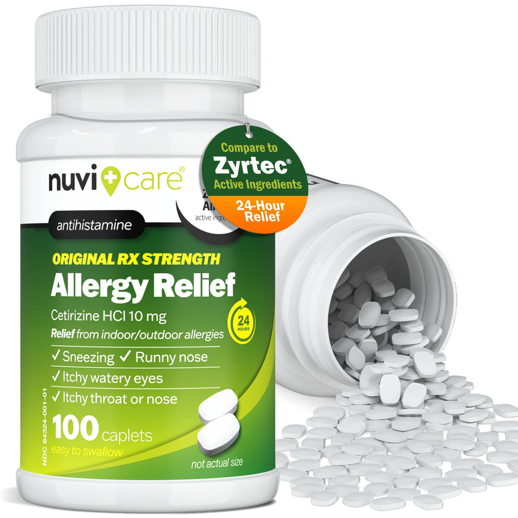 Nuvicare 24-Hour Allergy Medicine - Cetirizine Hydrochloride 10mg Tablets - Compare to the Active Ingredient in Zyrtec Antihistamine Meds - Generic Allergy Pills for All Day Allergy Relief (100 Count) - FENGGESTORE20