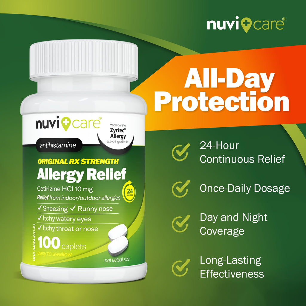 Nuvicare 24-Hour Allergy Medicine - Cetirizine Hydrochloride 10mg Tablets - Compare to the Active Ingredient in Zyrtec Antihistamine Meds - Generic Allergy Pills for All Day Allergy Relief (100 Count) - FENGGESTORE20