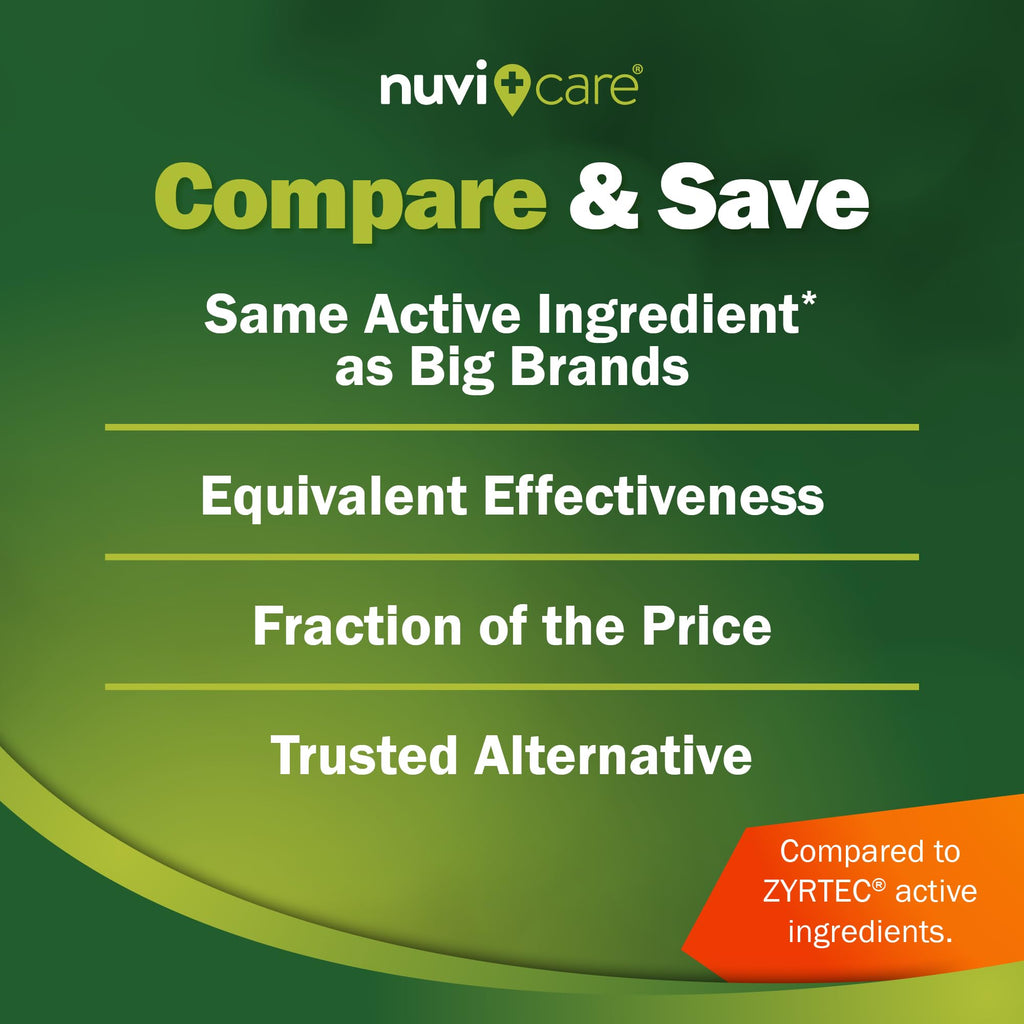 Nuvicare 24-Hour Allergy Medicine - Cetirizine Hydrochloride 10mg Tablets - Compare to the Active Ingredient in Zyrtec Antihistamine Meds - Generic Allergy Pills for All Day Allergy Relief (100 Count) - FENGGESTORE20