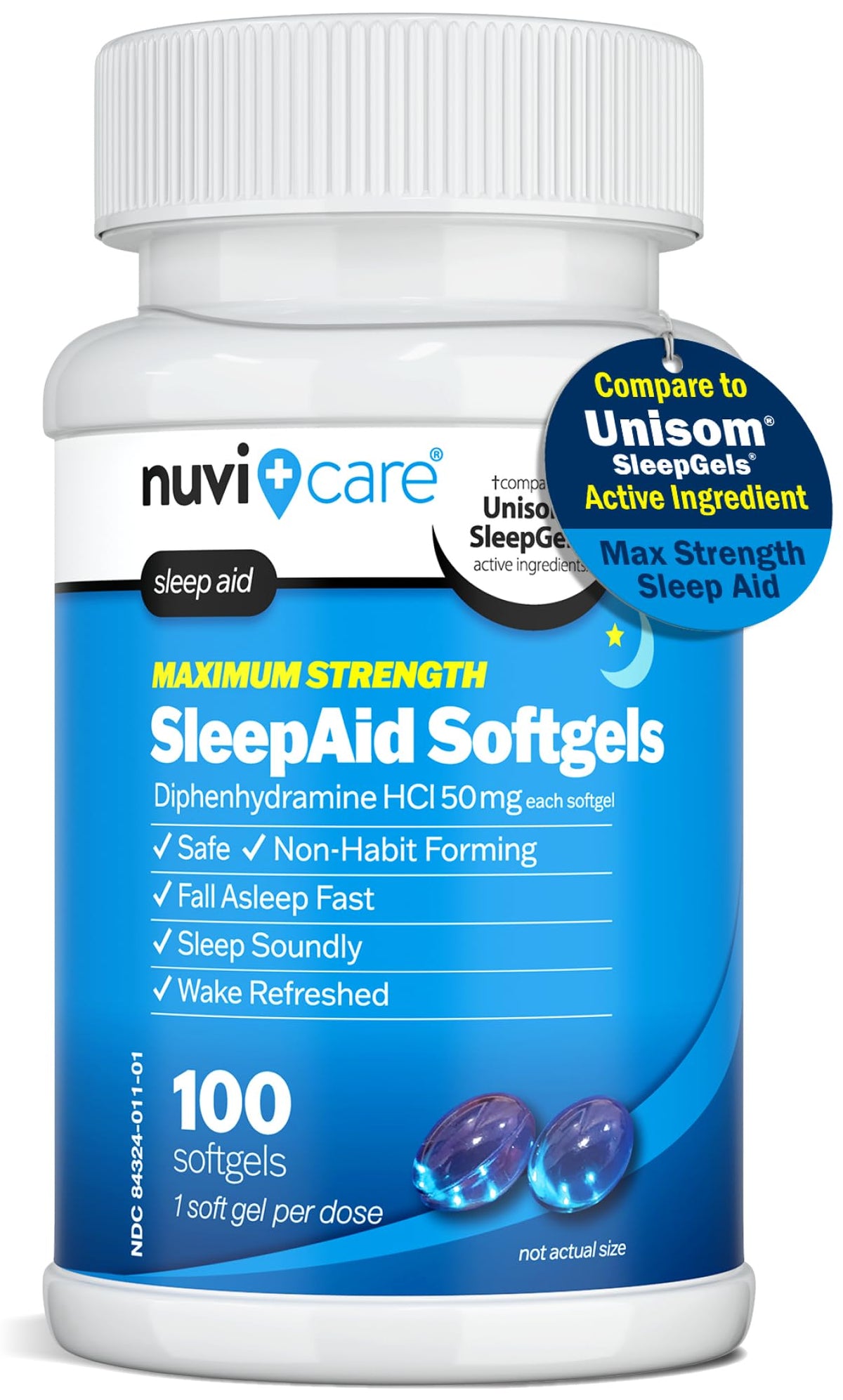 NUVICARE Maximum Strength SleepAid Soft Gels - Nighttime Sleep Aid with Diphenhydramine HCl 50mg - Non Habit Forming Sleeping Pills for Adults - Extra Strong OTC Sleep Aids for Adults (100 Count) - FENGGESTORE20