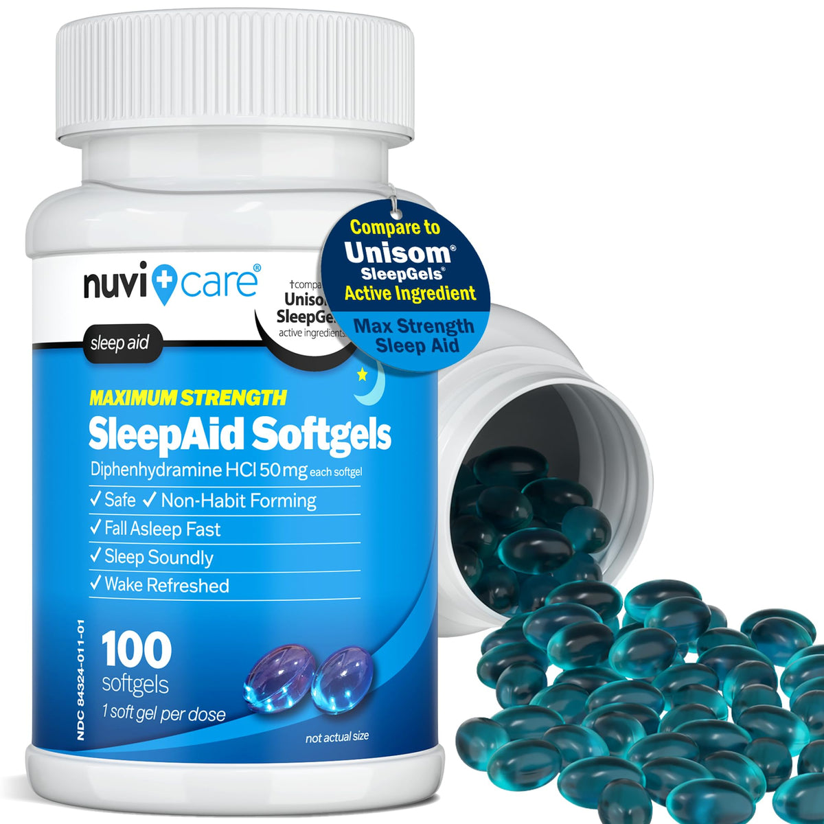 NUVICARE Maximum Strength SleepAid Soft Gels - Nighttime Sleep Aid with Diphenhydramine HCl 50mg - Non Habit Forming Sleeping Pills for Adults - Extra Strong OTC Sleep Aids for Adults (100 Count) - FENGGESTORE20