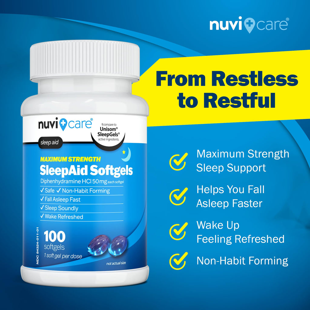 NUVICARE Maximum Strength SleepAid Soft Gels - Nighttime Sleep Aid with Diphenhydramine HCl 50mg - Non Habit Forming Sleeping Pills for Adults - Extra Strong OTC Sleep Aids for Adults (100 Count) - FENGGESTORE20