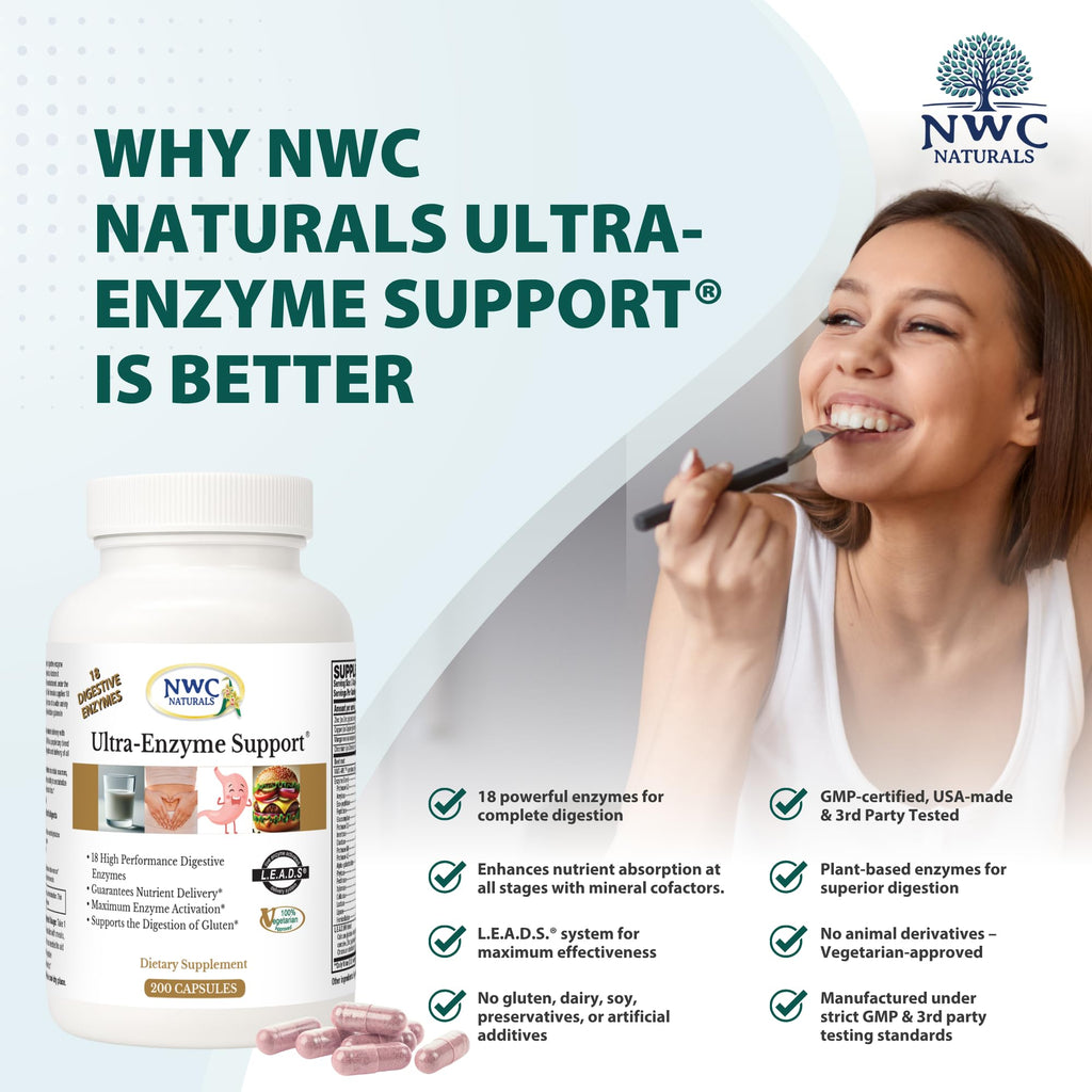 NWC Naturals Ultra-Enzyme Support, Natural Digestive Supplement, Promotes Optimal Health and Digestion, 200 count Capsules - FENGGESTORE20