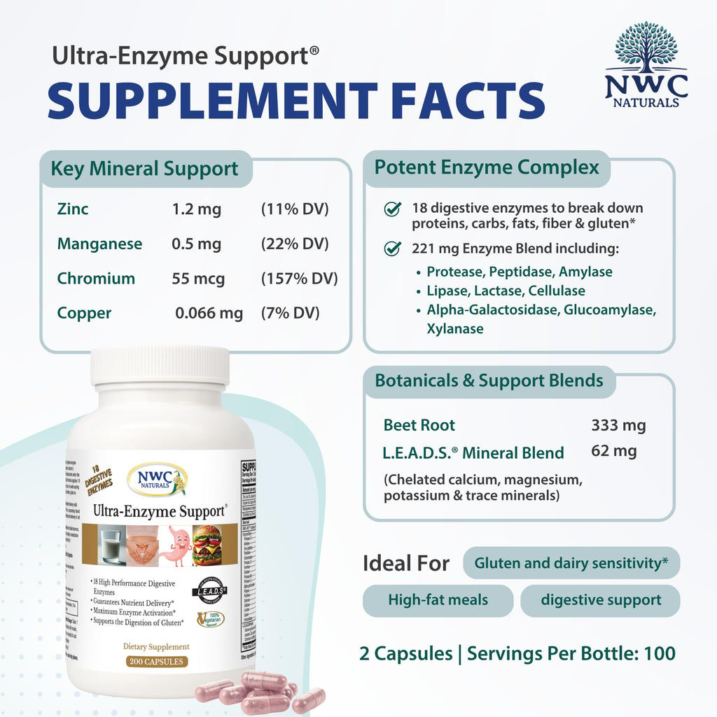 NWC Naturals Ultra-Enzyme Support, Natural Digestive Supplement, Promotes Optimal Health and Digestion, 200 count Capsules - FENGGESTORE20