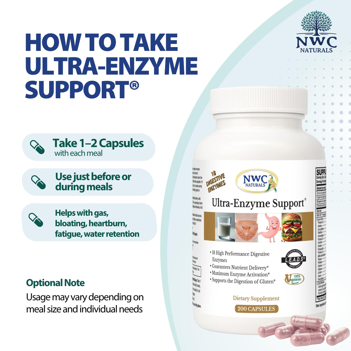 NWC Naturals Ultra-Enzyme Support, Natural Digestive Supplement, Promotes Optimal Health and Digestion, 200 count Capsules - FENGGESTORE20